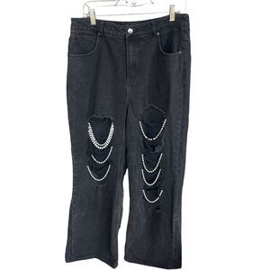 Fashion Nova Jeans Juniors 13 Black Distressed Pearl Embellished Grunge Bootcut